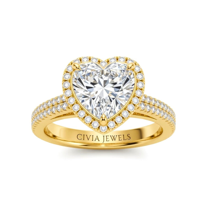 Yellow Gold Heart Cut Diamond Halo Engagement Ring With Four Prong Setting And Pavé Band