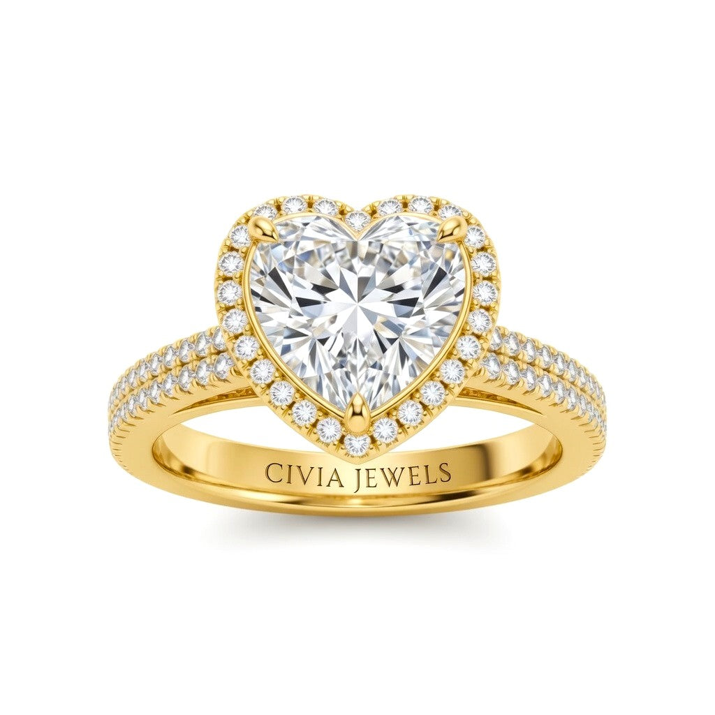 Yellow Gold Heart Cut Diamond Halo Engagement Ring With Four Prong Setting And Pavé Band
