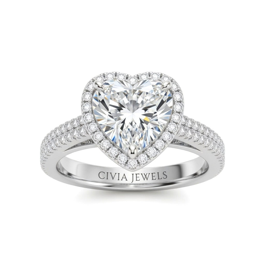 White Gold Heart Cut Diamond Halo Engagement Ring With Four Prong Setting And Pavé Band