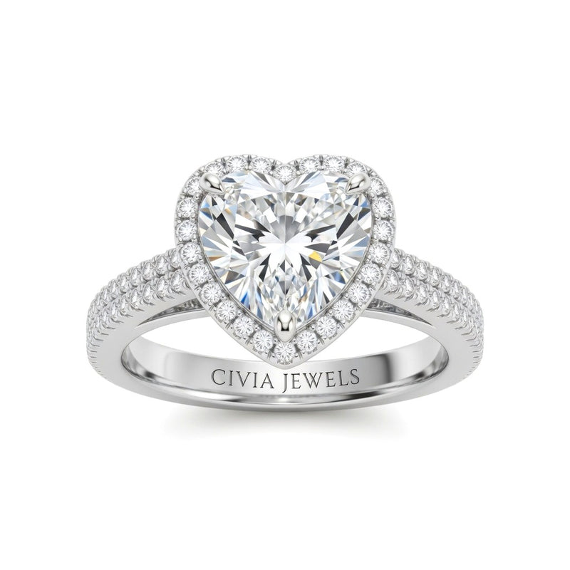 Silver Heart Cut Diamond Halo Engagement Ring With Four Prong Setting And Pavé Band