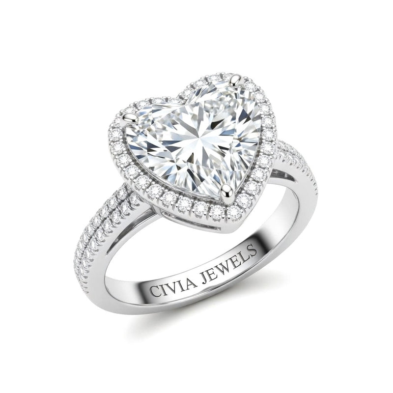 White Gold Heart Cut Diamond Halo Engagement Ring With Four Prong Setting And Pavé Band