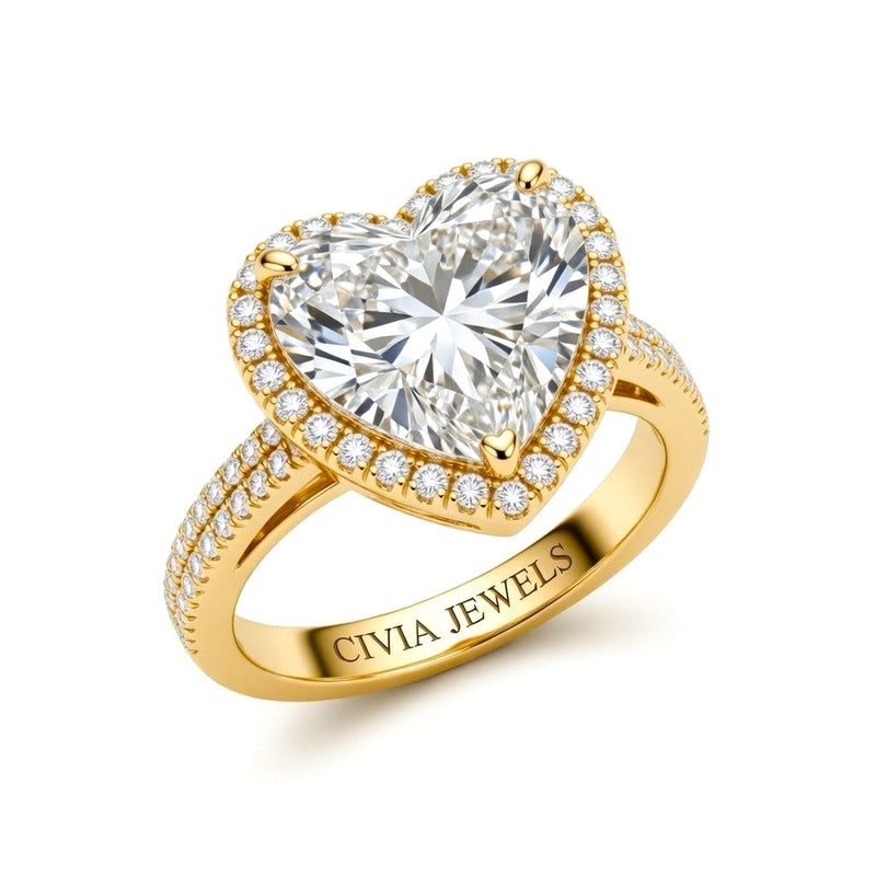 Yellow Gold Heart Cut Diamond Halo Engagement Ring With Four Prong Setting And Pavé Band