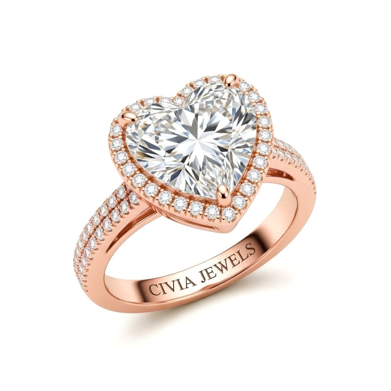 Rose Gold Heart Cut Diamond Halo Engagement Ring With Four Prong Setting And Pavé Band