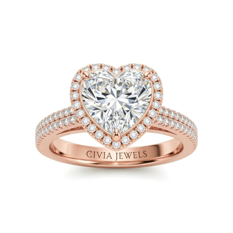Rose Gold Heart Cut Diamond Halo Engagement Ring With Four Prong Setting And Pavé Band