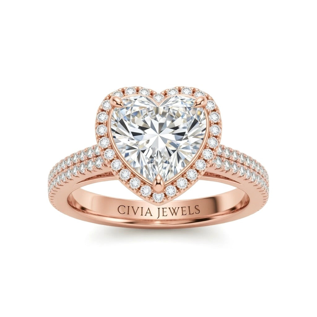 Rose Gold Heart Cut Diamond Halo Engagement Ring With Four Prong Setting And Pavé Band