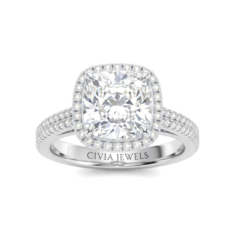 Silver Cushion Cut Diamond Halo Engagement Ring With Four Prong Setting And Pavé Band