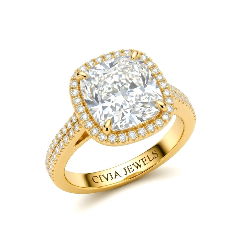 Yellow Gold Cushion Cut Diamond Halo Engagement Ring With Four Prong Setting And Pavé Band