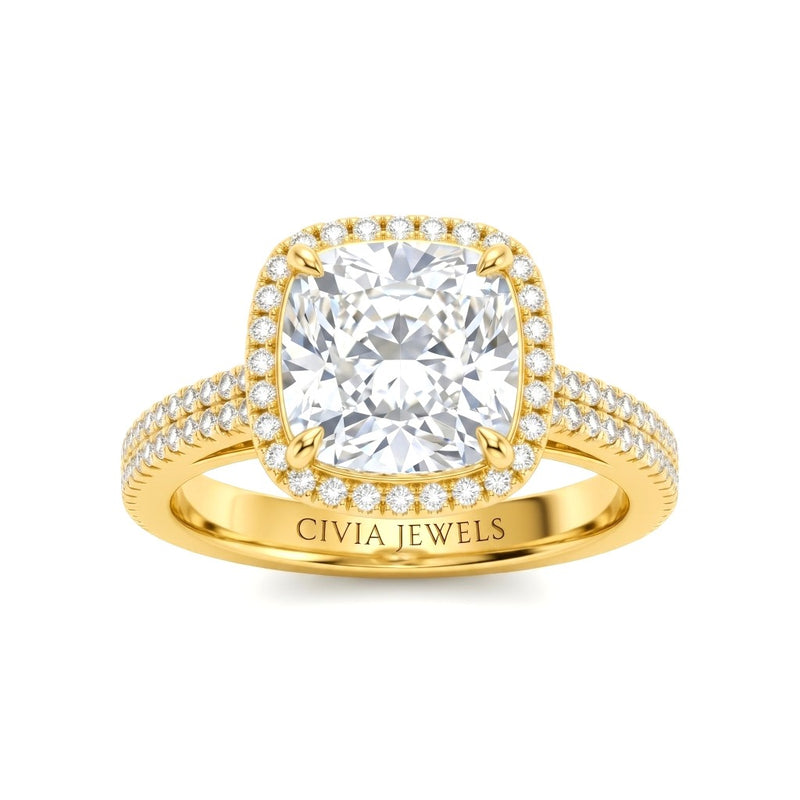 Yellow Gold Cushion Cut Diamond Halo Engagement Ring With Four Prong Setting And Pavé Band
