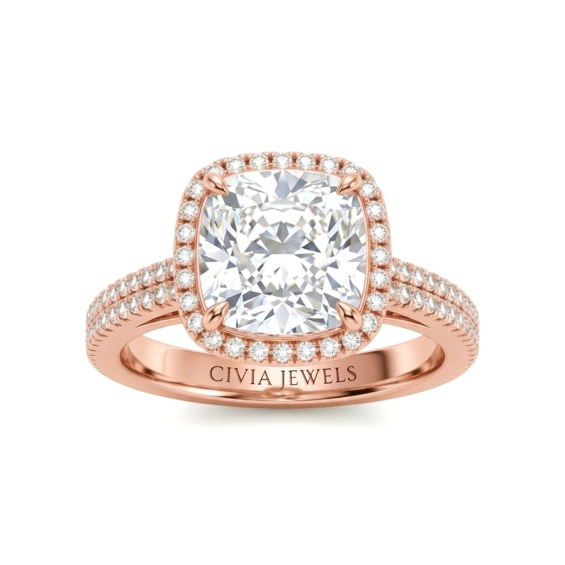 Rose Gold Cushion Cut Diamond Halo Engagement Ring With Four Prong Setting And Pavé Band