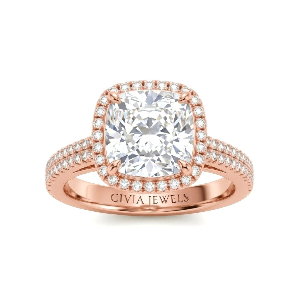 Rose Gold Cushion Cut Diamond Halo Engagement Ring With Four Prong Setting And Pavé Band