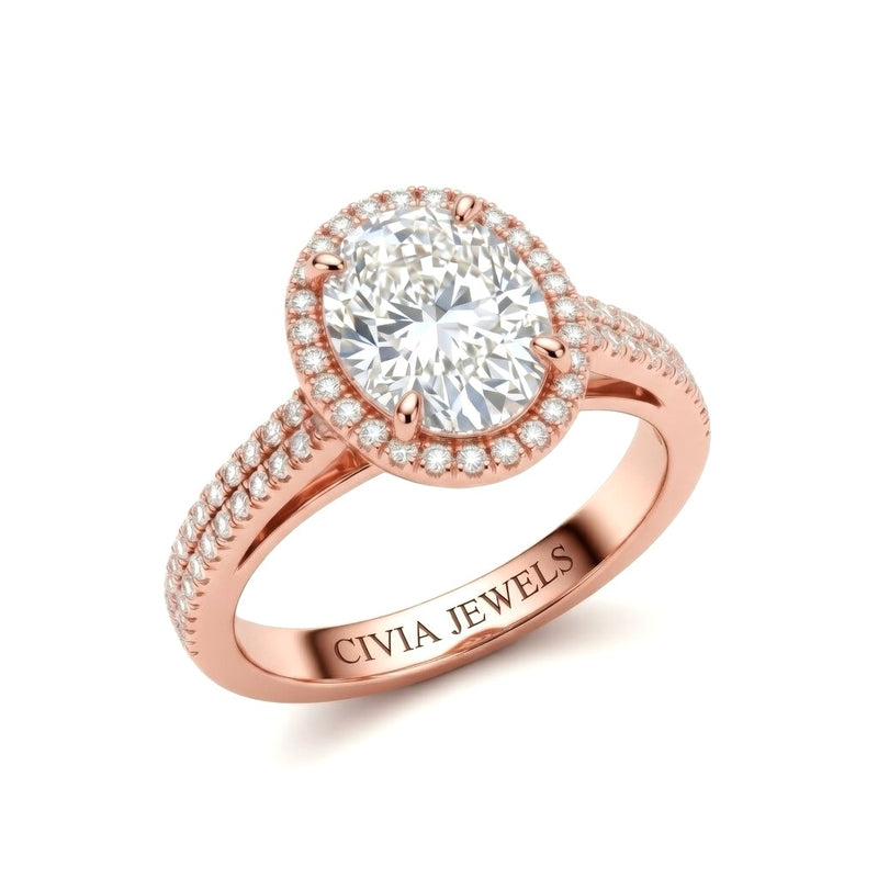 Rose Gold Oval Cut Diamond Halo Engagement Ring With Four Prong Setting And Pavé Band