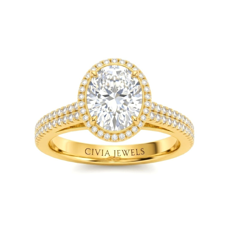 Yellow Gold Oval Cut Diamond Halo Engagement Ring With Four Prong Setting And Pavé Band