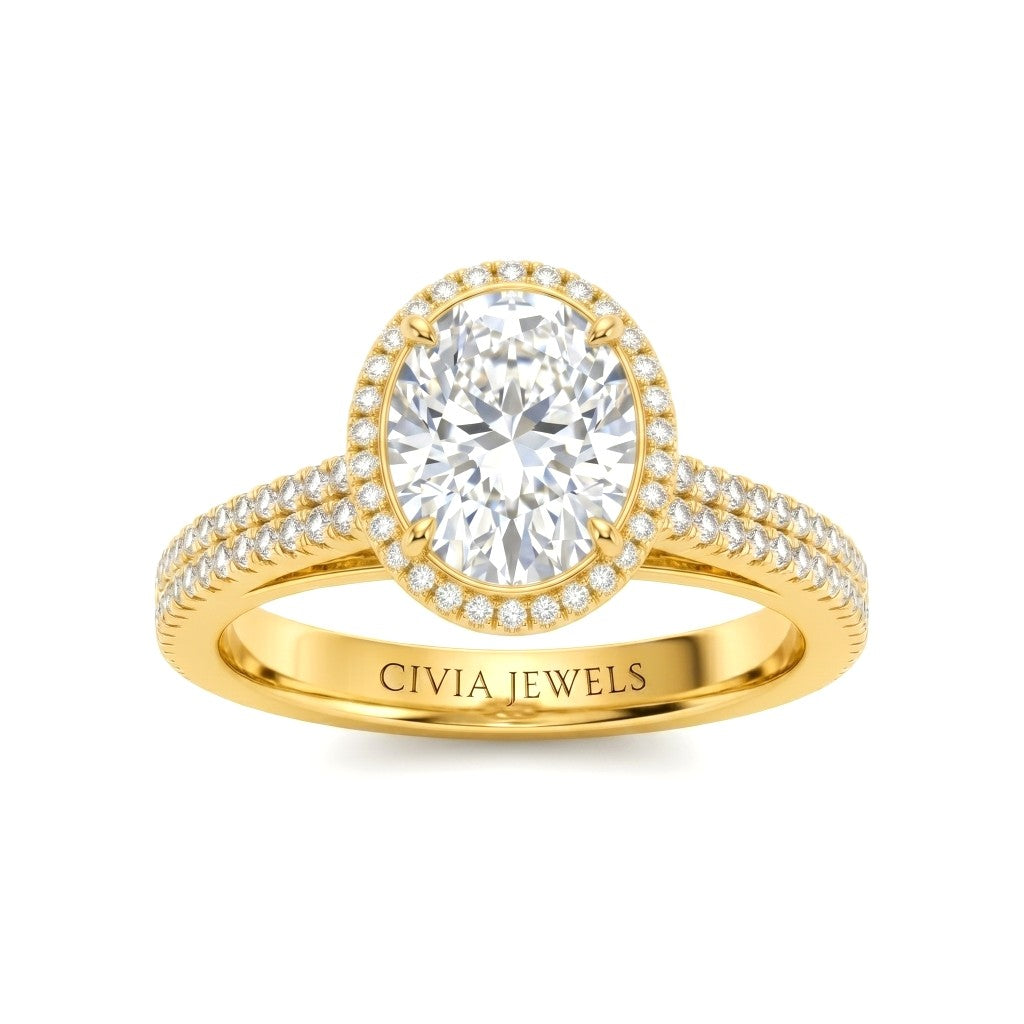 Yellow Gold Oval Cut Diamond Halo Engagement Ring With Four Prong Setting And Pavé Band