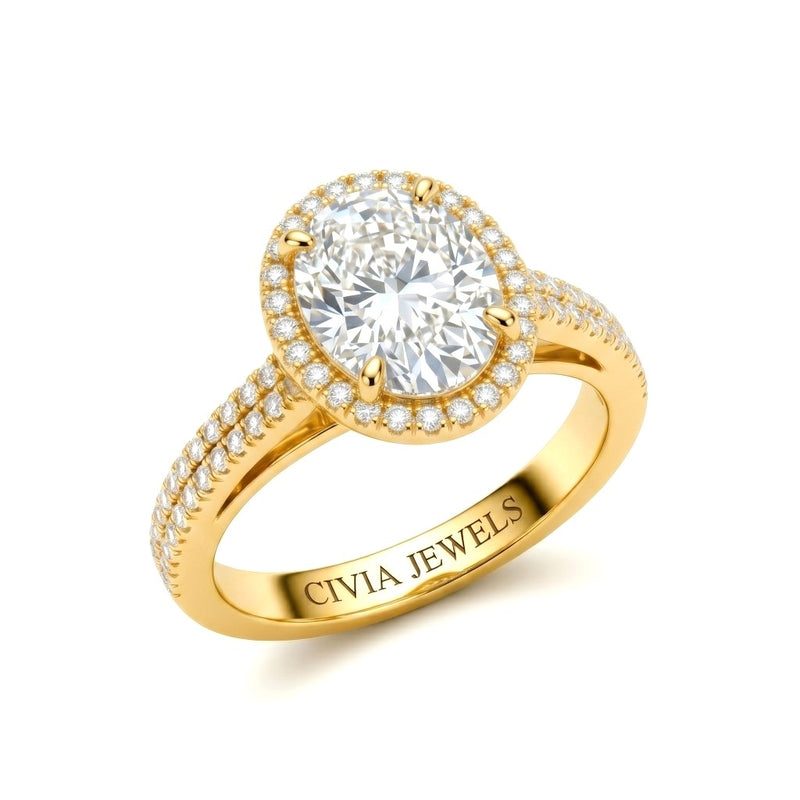 Yellow Gold Oval Cut Diamond Halo Engagement Ring With Four Prong Setting And Pavé Band
