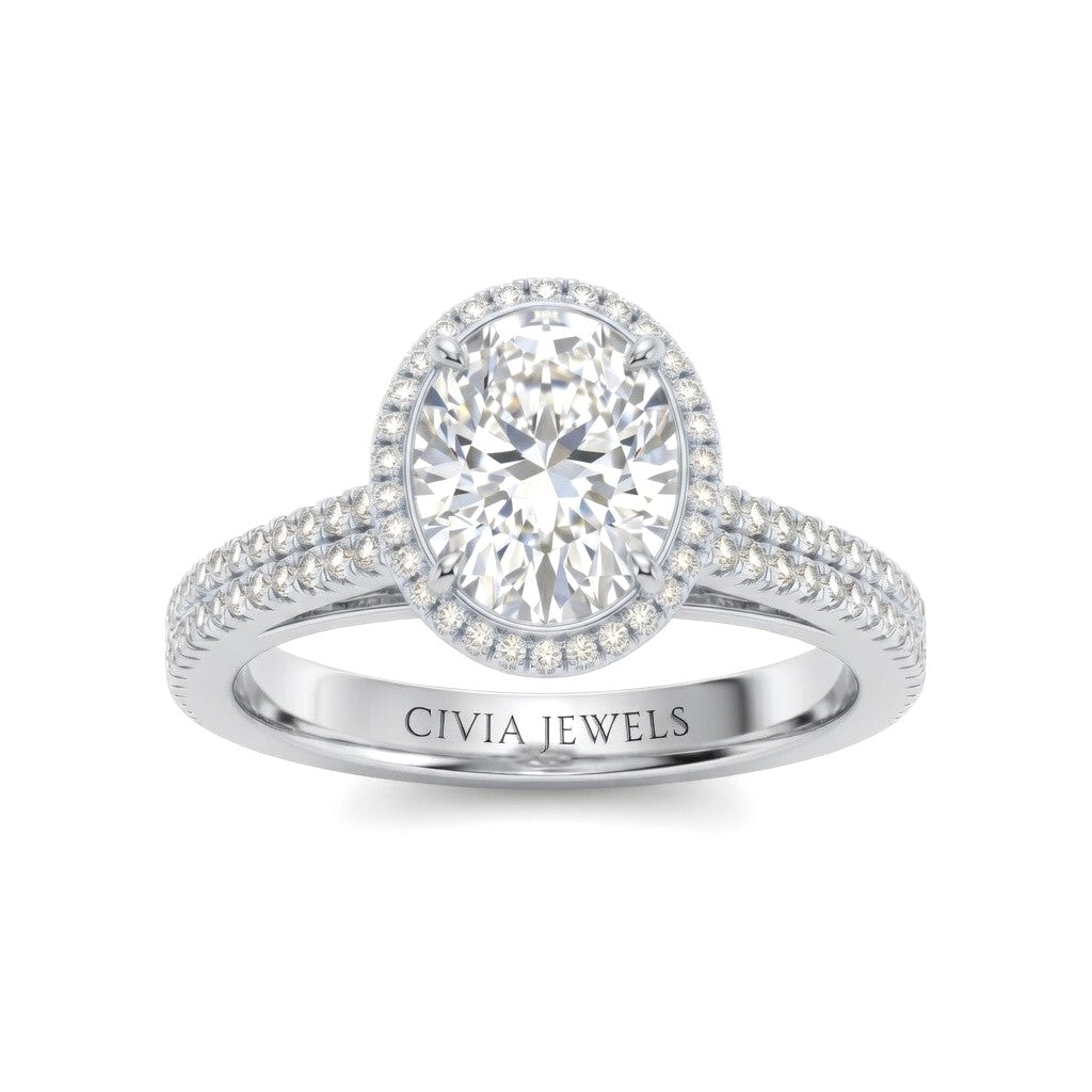 Silver Oval Cut Diamond Halo Engagement Ring With Four Prong Setting And Pavé Band
