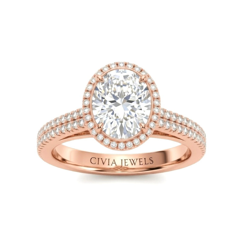 Rose Gold Oval Cut Diamond Halo Engagement Ring With Four Prong Setting And Pavé Band
