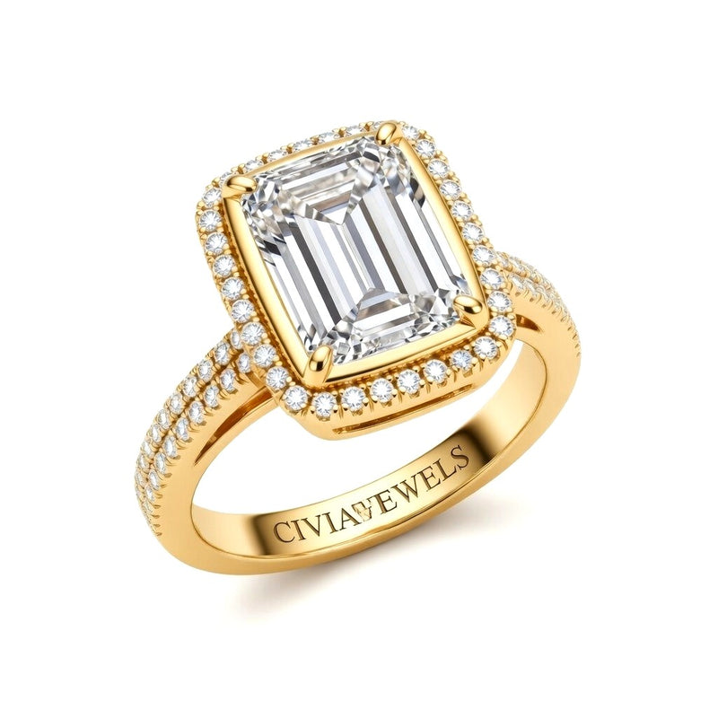 Yellow Gold Emerald Cut Diamond Halo Engagement Ring With Four Prong Setting And Pavé Band