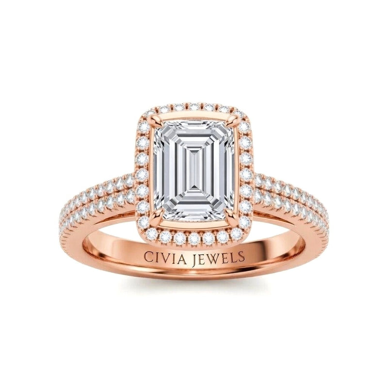 Rose Gold Emerald Cut Diamond Halo Engagement Ring With Four Prong Setting And Pavé Band