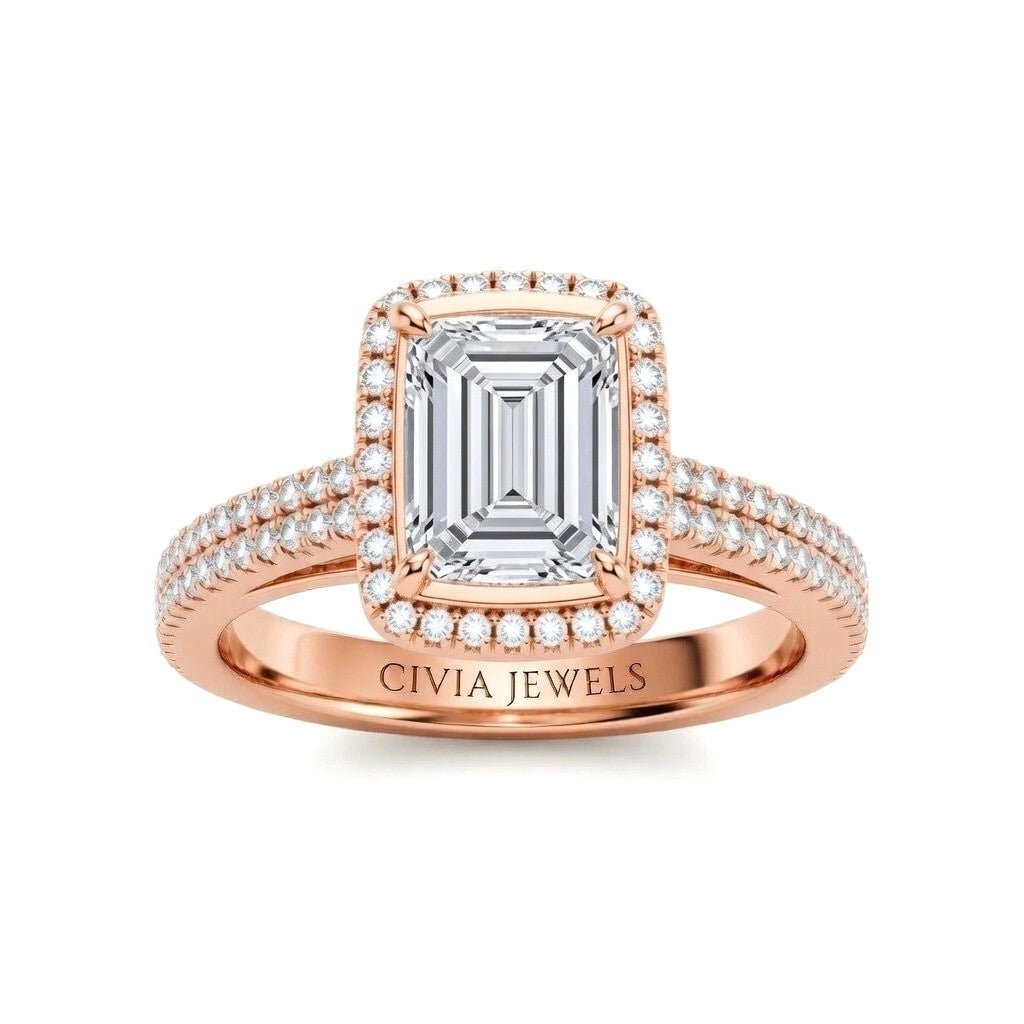Rose Gold Emerald Cut Diamond Halo Engagement Ring With Four Prong Setting And Pavé Band