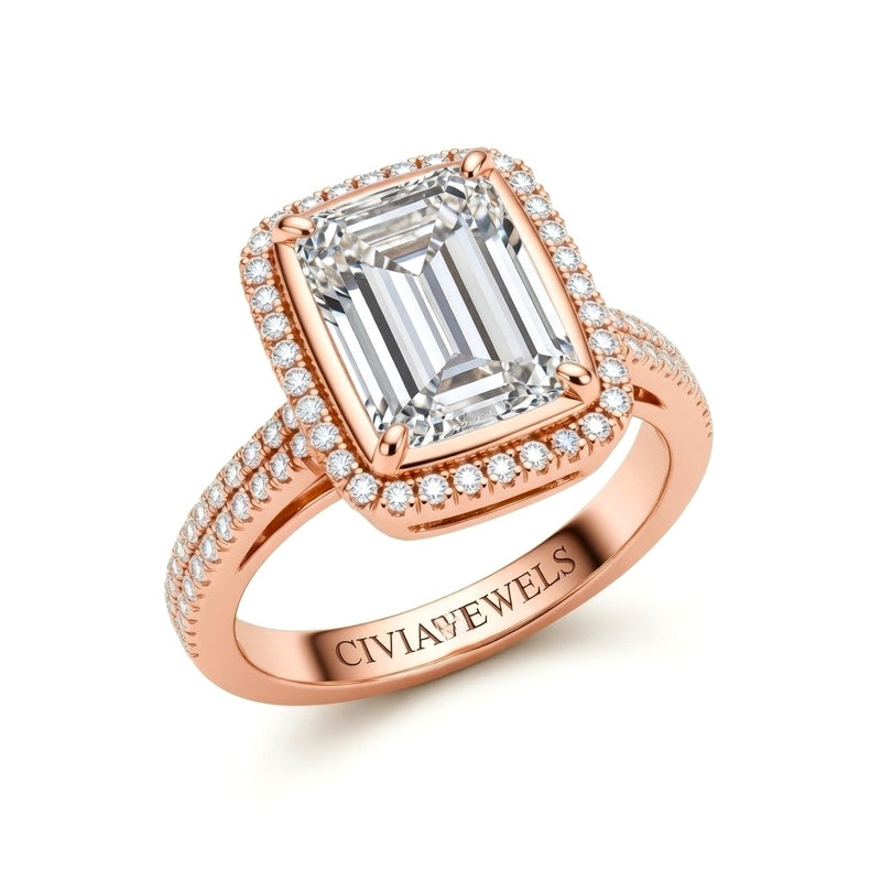 Rose Gold Emerald Cut Diamond Halo Engagement Ring With Four Prong Setting And Pavé Band