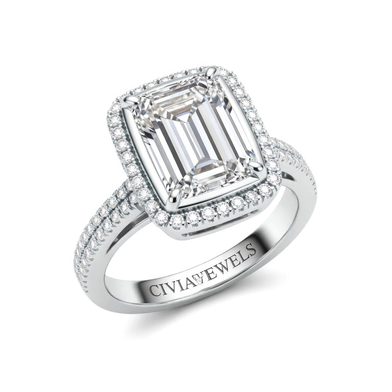 Silver Emerald Cut Diamond Halo Engagement Ring With Four Prong Setting And Pavé Band