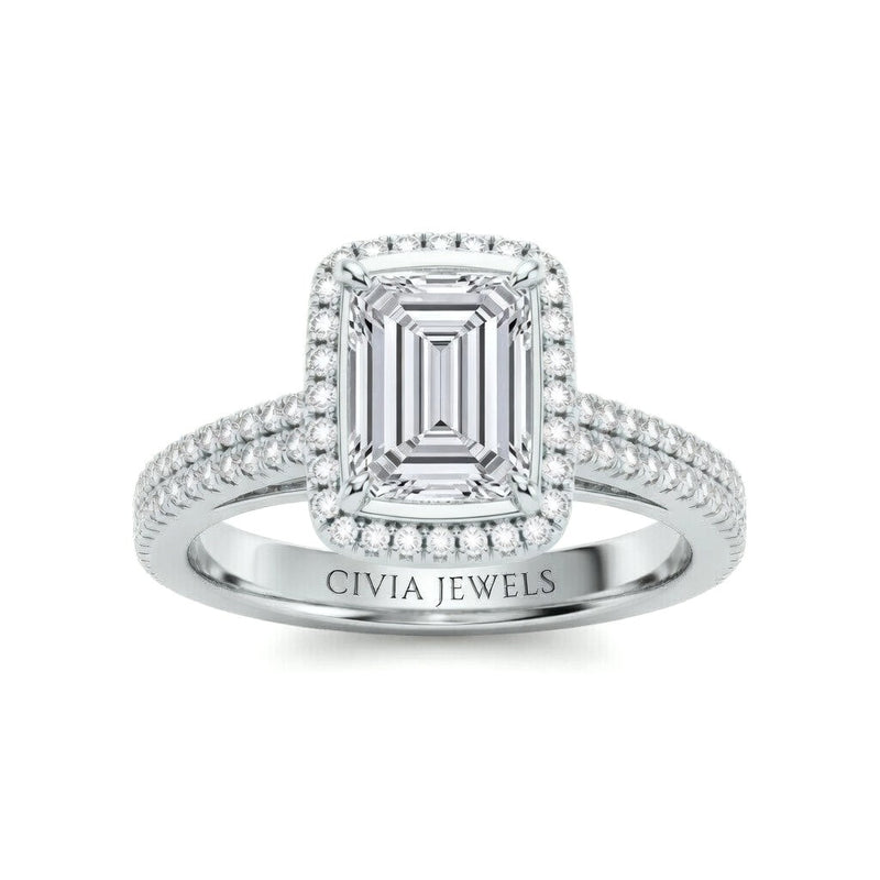 Silver Emerald Cut Diamond Halo Engagement Ring With Four Prong Setting And Pavé Band