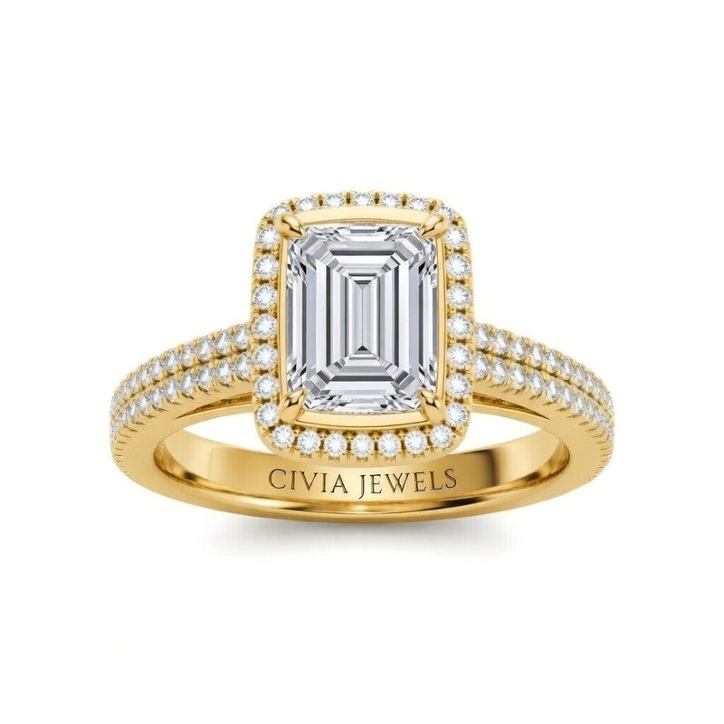 Yellow Gold Emerald Cut Diamond Halo Engagement Ring With Four Prong Setting And Pavé Band