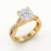 Yellow Gold Cushion Diamond Engagement Ring With Twisted Pavé Band And Four Prong Solitaire Setting