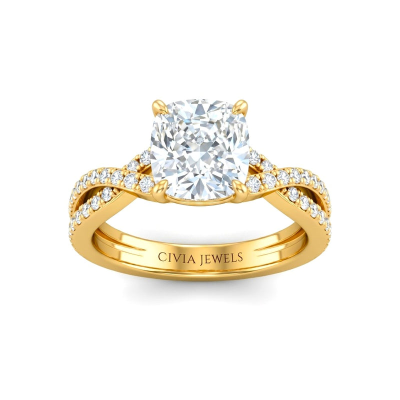 Yellow Gold Cushion Diamond Engagement Ring With Twisted Pavé Band And Four Prong Solitaire Setting