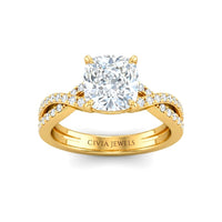 Yellow Gold Cushion Diamond Engagement Ring With Twisted Pavé Band And Four Prong Solitaire Setting