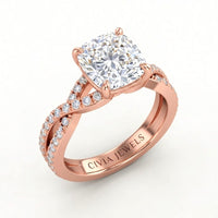 Rose Gold Cushion Diamond Engagement Ring With Twisted Pavé Band And Four Prong Solitaire Setting
