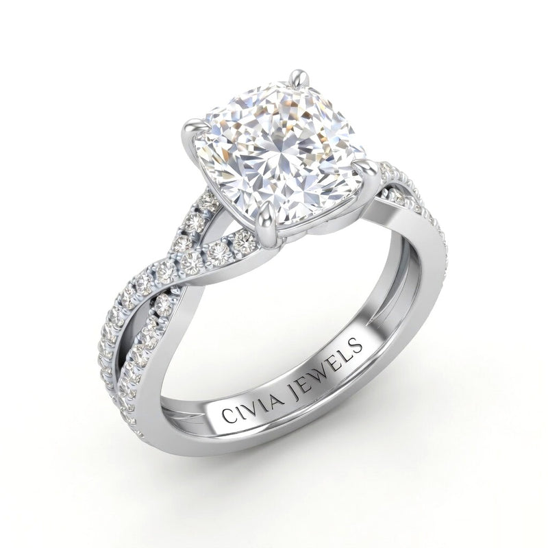 White Gold Cushion Diamond Engagement Ring With Twisted Pavé Band And Four Prong Solitaire Setting
