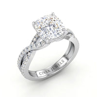 White Gold Cushion Diamond Engagement Ring With Twisted Pavé Band And Four Prong Solitaire Setting