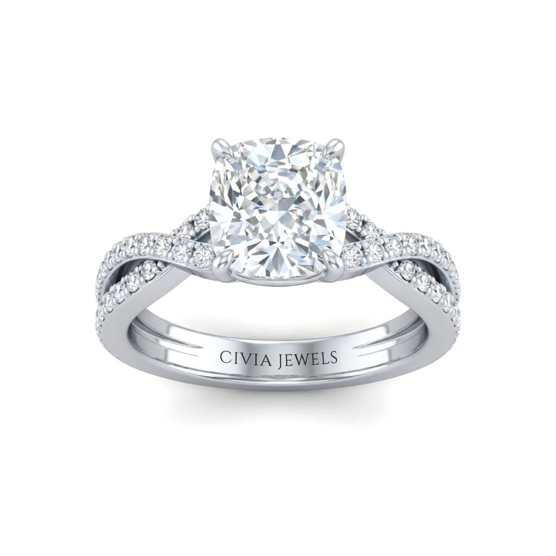 White Gold Cushion Diamond Engagement Ring With Twisted Pavé Band And Four Prong Solitaire Setting
