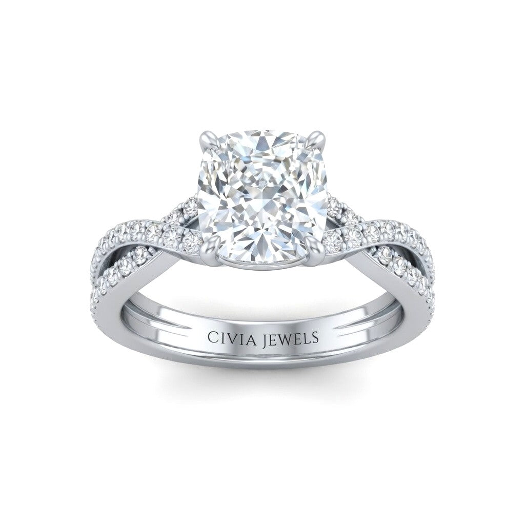 White Gold Cushion Diamond Engagement Ring With Twisted Pavé Band And Four Prong Solitaire Setting