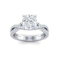 White Gold Cushion Diamond Engagement Ring With Twisted Pavé Band And Four Prong Solitaire Setting