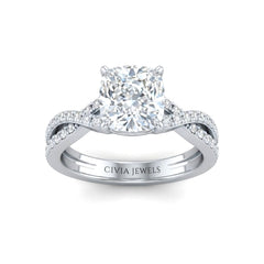White Gold Cushion Diamond Engagement Ring With Twisted Pavé Band And Four Prong Solitaire Setting