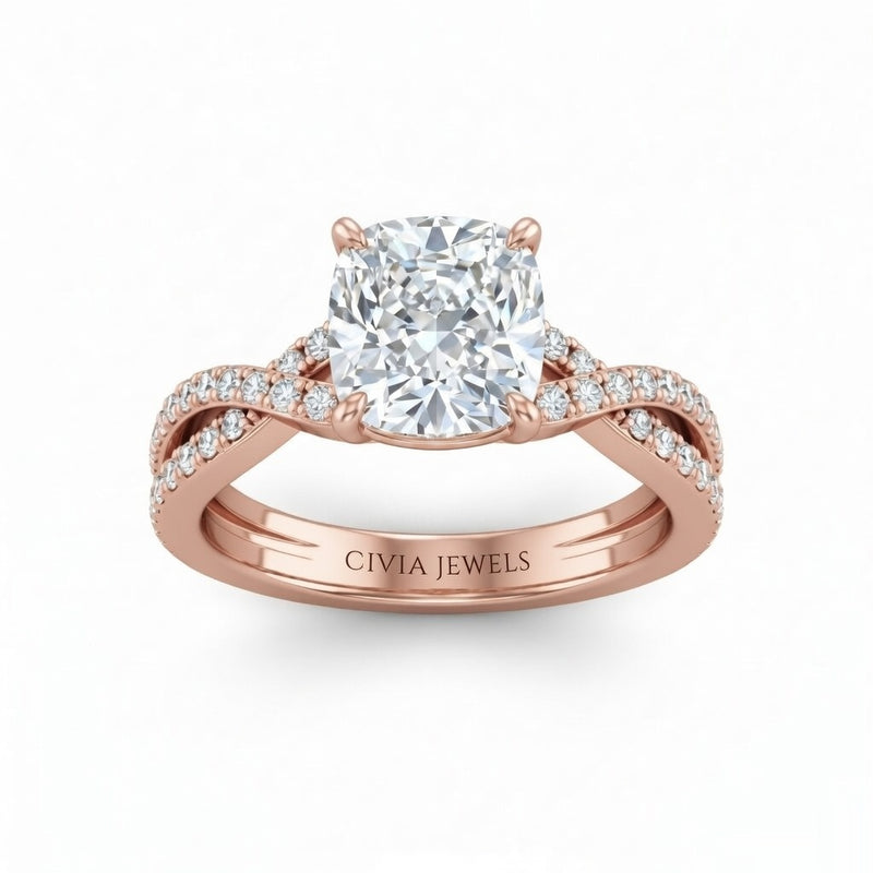 Rose Gold Cushion Diamond Engagement Ring With Twisted Pavé Band And Four Prong Solitaire Setting