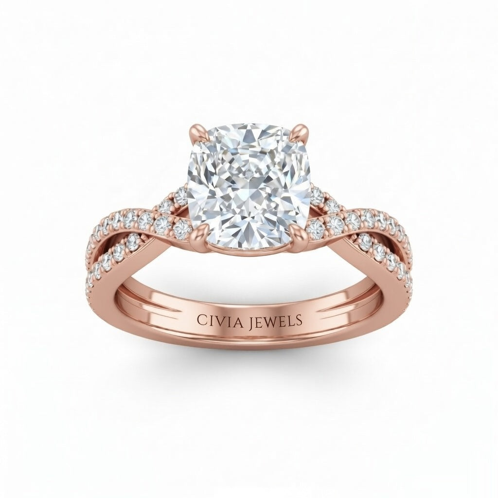 Rose Gold Cushion Diamond Engagement Ring With Twisted Pavé Band And Four Prong Solitaire Setting