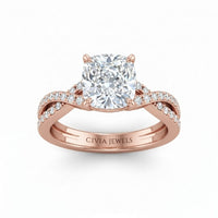 Rose Gold Cushion Diamond Engagement Ring With Twisted Pavé Band And Four Prong Solitaire Setting