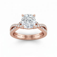 Rose Gold Cushion Diamond Engagement Ring With Twisted Pavé Band And Four Prong Solitaire Setting