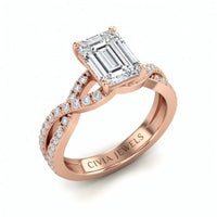 Rose Gold Emerald Diamond Engagement Ring With Twisted Pavé Band And Four Prong Solitaire Setting