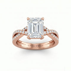 Rose Gold Emerald Diamond Engagement Ring With Twisted Pavé Band And Four Prong Solitaire Setting