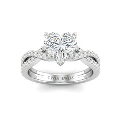 White Gold Heart Diamond Engagement Ring With Twisted Pavé Band And Four Prong Solitaire Setting