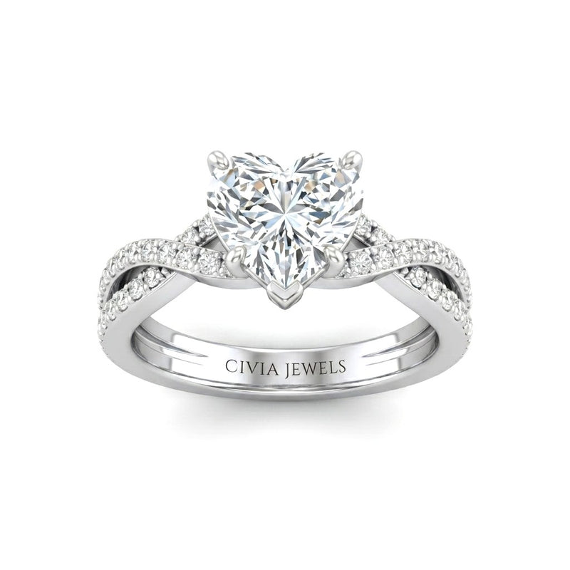 Silver Heart Diamond Engagement Ring With Twisted Pavé Band And Four Prong Solitaire Setting