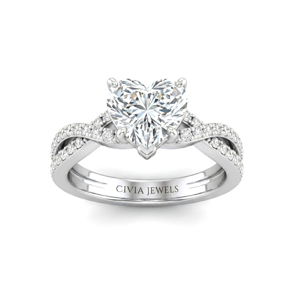 Silver Heart Diamond Engagement Ring With Twisted Pavé Band And Four Prong Solitaire Setting