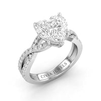 White Gold Heart Diamond Engagement Ring With Twisted Pavé Band And Four Prong Solitaire Setting