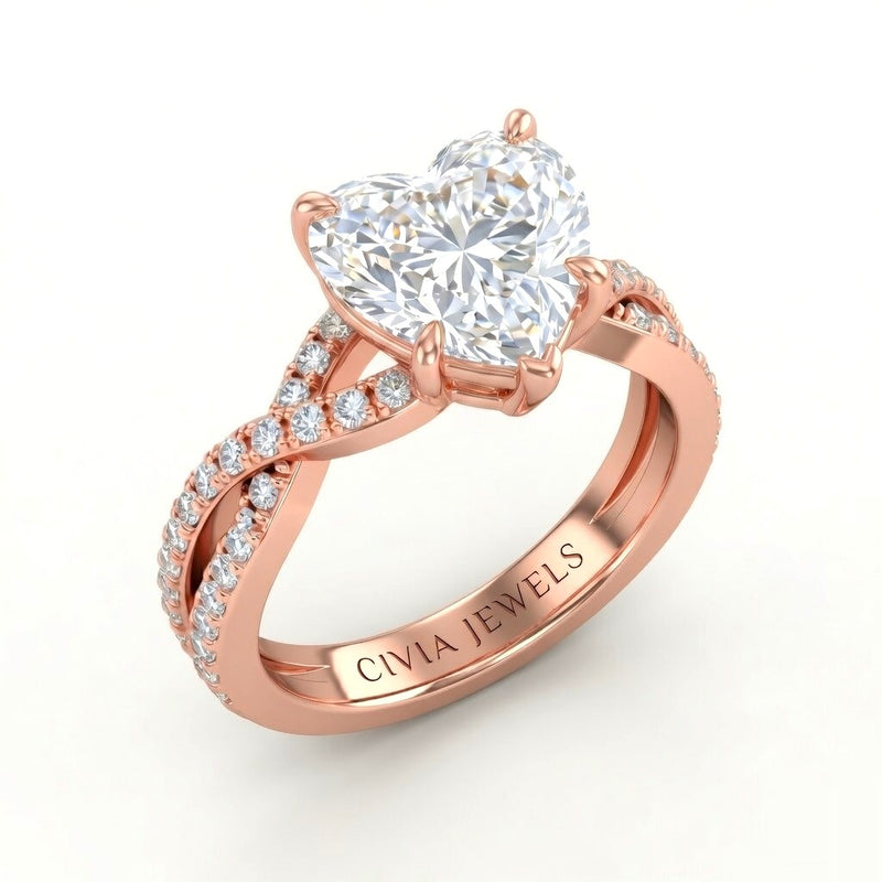 Rose Gold Heart Diamond Engagement Ring With Twisted Pavé Band And Four Prong Solitaire Setting