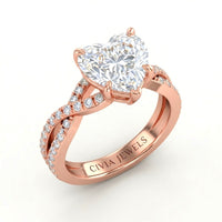 Rose Gold Heart Diamond Engagement Ring With Twisted Pavé Band And Four Prong Solitaire Setting