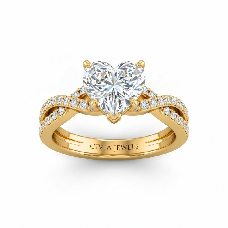 Yellow Gold Heart Diamond Engagement Ring With Twisted Pavé Band And Four Prong Solitaire Setting